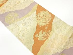 道長取りに鳥・笹蔓緞子模様織出し袋帯